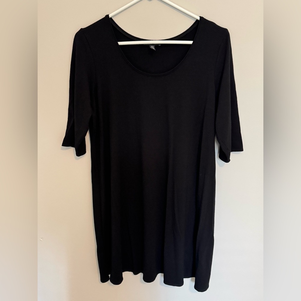 EILEEN FISHER Sz Large Tunic Jersey Scoop Neck Elbow Sleeve Black Stretch Staple